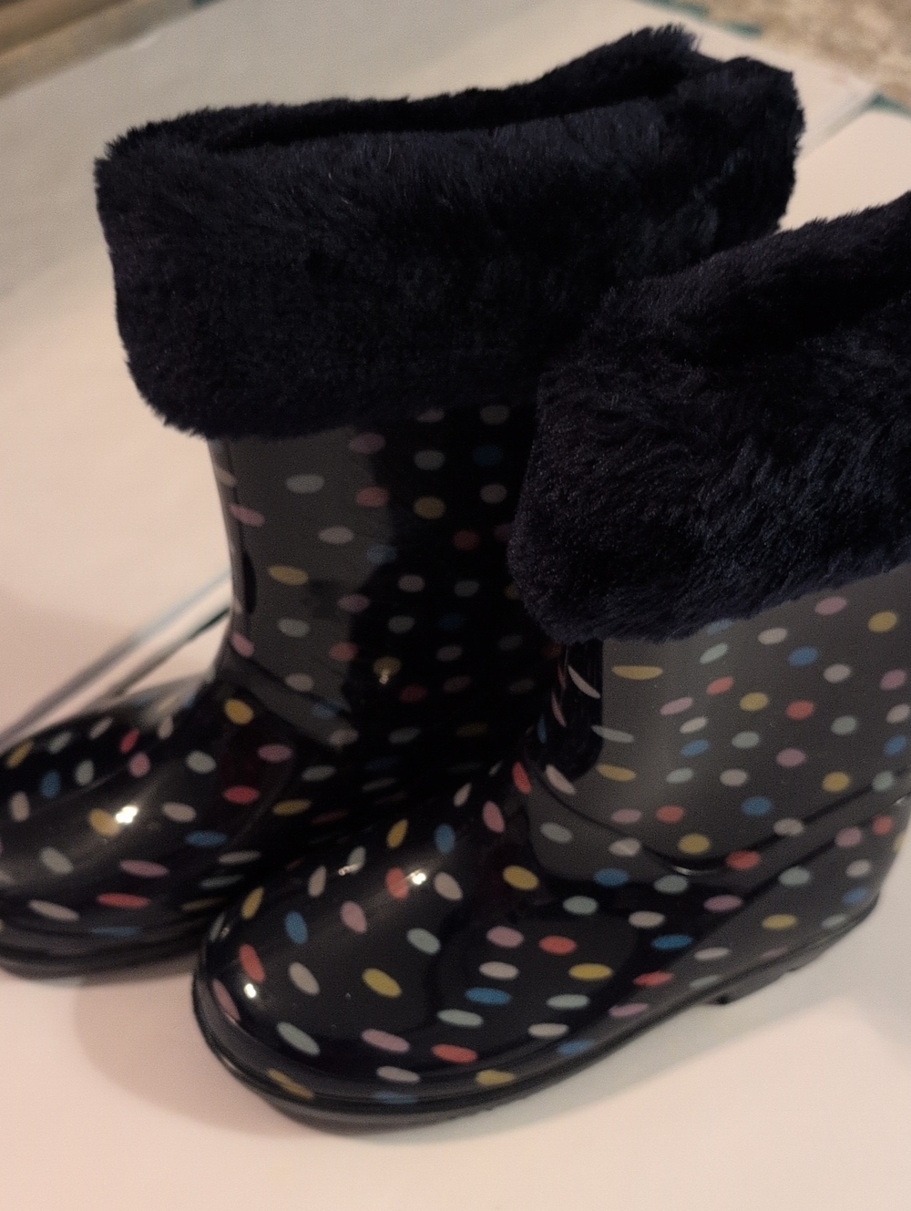 Carter's Black Polka Dot Rain & Snow Boots with Faux Fur Cuff Sz 11